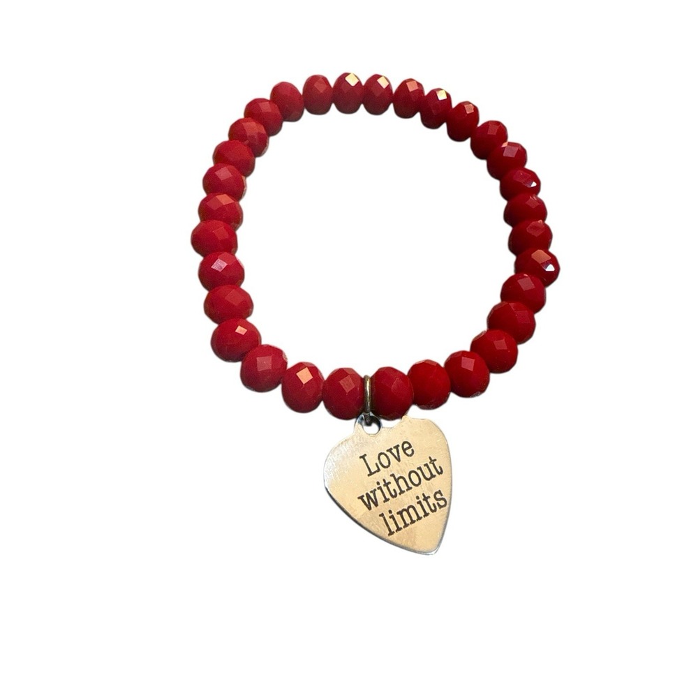 Red Beaded Stretch Bracelet With "Love Without Limits" Silver Plated Heart Charm